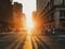 Sunlight shining on the diverse crowds of people walking across the busy intersection on 5th Avenue in New York City