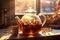 sunlight shining through a glass teapot with steeping tea leaves