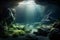 Sunlight Shining into Underwater Cave. Deep Sea, Seaweed, Rocks, Mysterious Scene