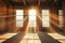 Sunlight shining through the windows of an old abandoned industrial warehouse building Ai photo