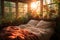 sunlight streaming onto a cozy, well-made bed
