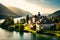 Sunlight streaming onto Swiss houses perched on a hill overlooking a meandering river, creating a breathtaking, serene vista