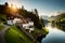 Sunlight streaming onto Swiss houses perched on a hill overlooking a meandering river, creating a breathtaking, serene vista