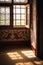 Sunlight streams through an old wooden window in an old english