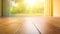 Sunlight streams through window onto hardwood table in empty room generated by AI