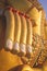 Sunlight on surface of golden hand on knee of the large buddha statue in attitude of meditation and vertical frame