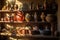 sunlit ancient pottery displayed on a shelf