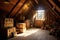 sunlit attic with mysterious shadows and old trunks