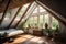 a sunlit attic room with large windows, overlooking a lush and peaceful garden