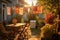 sunlit backyard with clothesline full of drying clothing