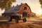 sunlit barn with vintage tractor in front