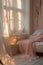 Sunlit bedroom with sheer curtains, fairy lights, and a cozy pink blanket. Peaceful morning concept design for interior