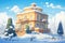 a sunlit belvedere atop an italianate villa in a snowy landscape, magazine style illustration