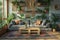 Sunlit botanical living space with a comfy couch and vibrant greenery for a homey feel