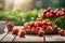 Sunlit bowl of fresh strawberries on outside table