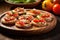 sunlit bruschetta with garlic and grated cheese, round wooden plate