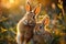 Sunlit bunny love Baby rabbits snuggle with their mother in meadow