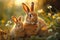 Sunlit bunny love Baby rabbits snuggle with their mother in meadow