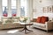 Sunlit classic style living room with two leather sofas and a small round table