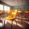 Sunlit Classroom with Orange Chairs and Desks