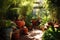 sunlit clay pots amid vibrant greenery in a garden