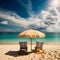 Sunlit coastline, sandy beach, fluffy clouds, and golden sunbeams