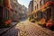 sunlit cobblestone street with colorful flowers in bloom