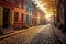 sunlit cobblestone street with colorful houses