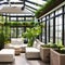 A sunlit conservatory with a cozy seating arrangement, hanging plants, and a tranquil water feature for a calming atmosphere4, G