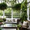 A sunlit conservatory with a cozy seating arrangement, hanging plants, and a tranquil water feature for a calming atmosphere5, G