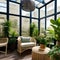 A sunlit conservatory with floor-to-ceiling windows, potted plants, and a rattan furniture set for lounging and relaxation1, Gen