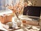 Sunlit desk with elegant stationery and coffee