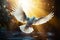 Sunlit dove takes flight, embodying peace and ethereal beauty