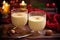 sunlit eggnog in glass cups with festive ribbon