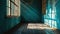 Sunlit empty room with turquoise peeling wall and wooden floor.