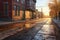 sunlit empty street with freshly swept pavement