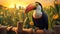 Sunlit Field: A Hyper-detailed Rendering Of A Smiling Toucan On A Fence