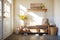 sunlit foyer with a bench and storage baskets underneath