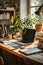 Sunlit home office with a natural touch, complete with potted plants, a wooden desk, and work essentials