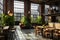 Sunlit industrial loft cafe with lush green plants. Biophilic room design.