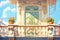 sunlit italianate balcony with ornate corbels underneath, magazine style illustration