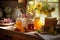 Sunlit jars of honey, creamed honey, alongside pottery on a wooden sill, evoking warmth and homeliness