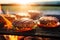 sunlit juicy burger patties cooking on a beach grill