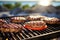 sunlit juicy burger patties cooking on a beach grill