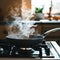 Sunlit kitchen scene, hot frying pan steaming on gas stove photo