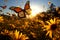 Sunlit meadow alive with thousands of migrating monarch butterflies