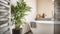 Sunlit Modern Bathroom with a Potted Plant Adorned near the Bathtub and Glass Shower Cabin. Generative AI