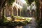 sunlit monastery courtyard with tranquil water feature