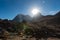 Sunlit mountain peaks in the Himalayan mountains of Nepal