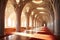 Sunlit ornate Mosque hallway with intricate designs and red carpet